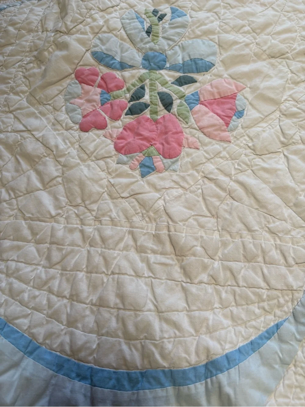 Handmade Floral Quilt Bedspread in Pink, Blue and Green